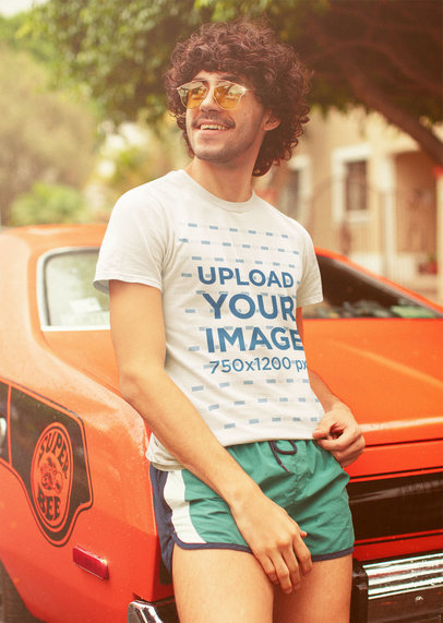 T-Shirt Mockup Featuring a Man with a 70's Outfit