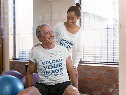 T-Shirt and Long Sleeve Tee Mockup of a Senior Man With His Coach 41919-r-el2