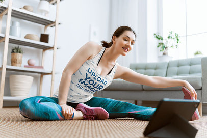 Tank Top Mockup of a Woman Warming Up for a Home Workout