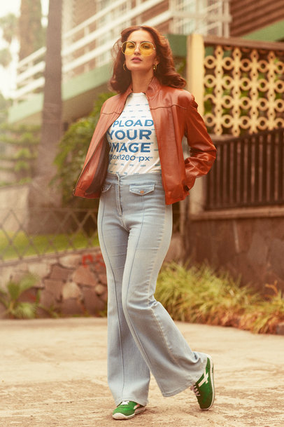 T-Shirt Mockup of a Woman Wearing Retro Garments