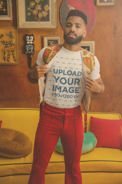 T-Shirt Mockup Featuring a Bearded Man with a 70's Style Attire