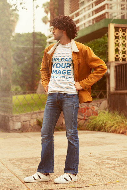 T-Shirt Mockup Featuring a Man in a 70's Outfit