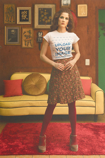 T-Shirt Mockup Featuring a Long-Haired Woman Posing in a Retro Living Room m10524