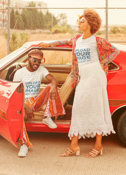 T-Shirt Mockup with a 70's Theme Featuring a Man and a Woman Posing by a Car