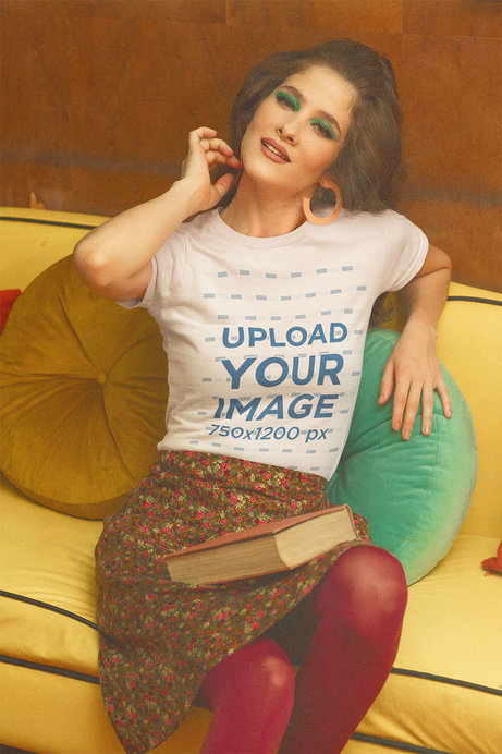T-Shirt Mockup of a Retro Setting Featuring a Woman with a Book on Her Lap