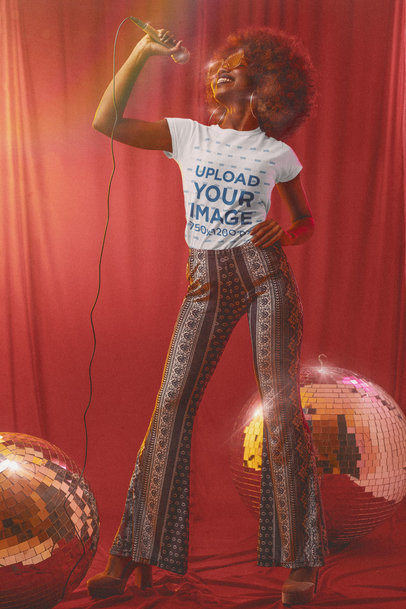 T-Shirt Mockup Featuring a Female Singer in a 70s-Styled Setting m10142