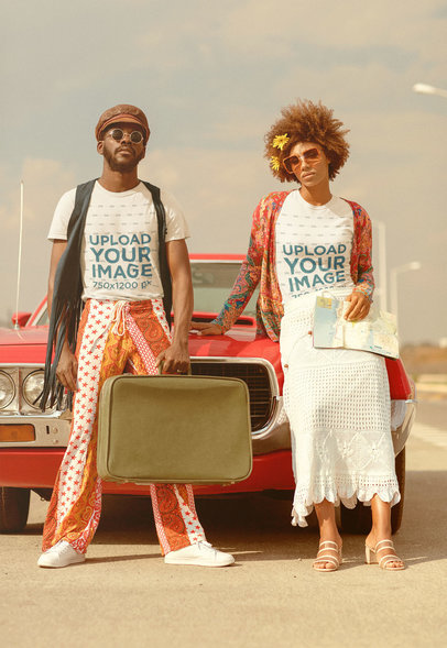 T-Shirt Mockup of a Couple with 70's Outfits Doing a Road Trip