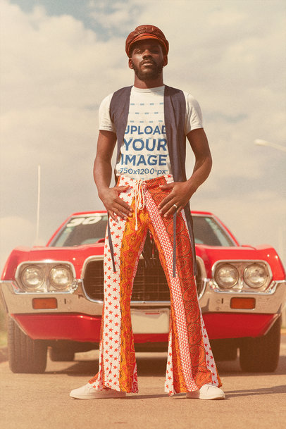 70's-Themed Mockup Featuring a Man Posing in Front of a Classic Car