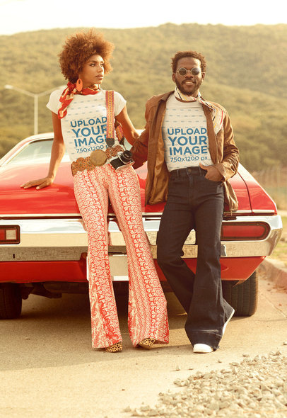 T-Shirt Mockup of a Couple Posing by a Muscle Car