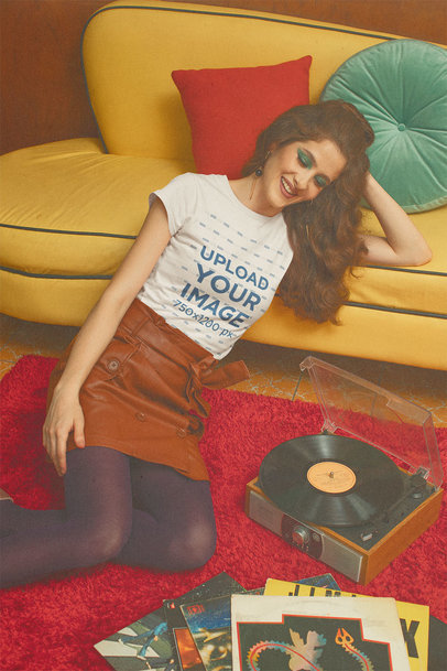 Retro Styled T-Shirt Mockup Featuring a Woman Listening to Music in Her Living Room m10530