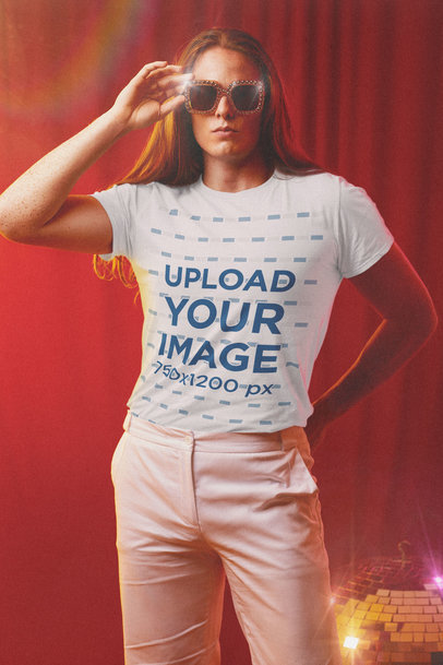 T-Shirt Mockup of a Serious Long-Haired Man Wearing 70s-Style Garments 