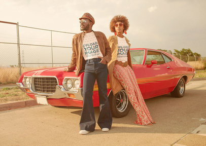 T-Shirt Mockup Featuring a Man and a Woman Posing by a 70s Car