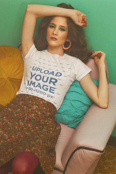 T-Shirt Mockup of a Woman Lying in a 70s Style Living Room m10527