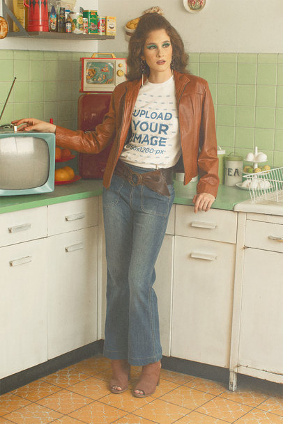 T-Shirt Mockup Featuring a Serious Woman in a Retro Outfit Posing in the Kitchen m10534