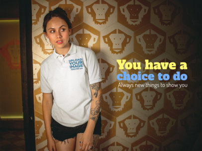 Facebook Ad - Girl Wearing a Polo Shirt While Against a Monkeys Wallpaper a15431