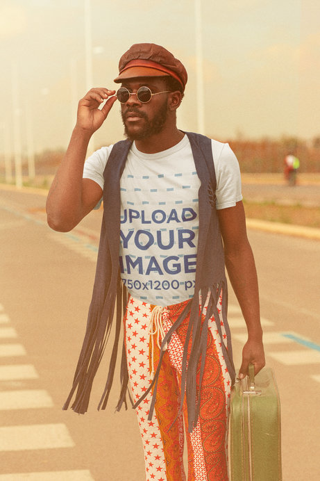 T-Shirt Mockup of a Man Wearing a Groovy 70s Style Outfit