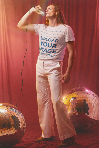 T-Shirt Mockup Featuring a Long-Haired Singer Standing by Some Disco Balls m10151