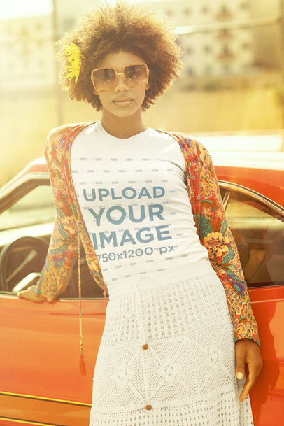 T-Shirt Mockup of a Woman Leaning Against a Classic Automobile m10503