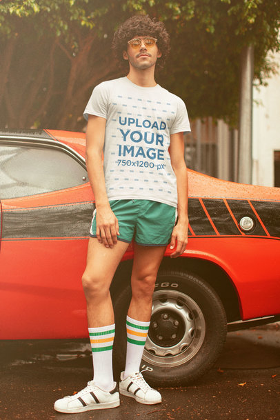 T-Shirt Mockup of a Man with a 70's Summer Outfit