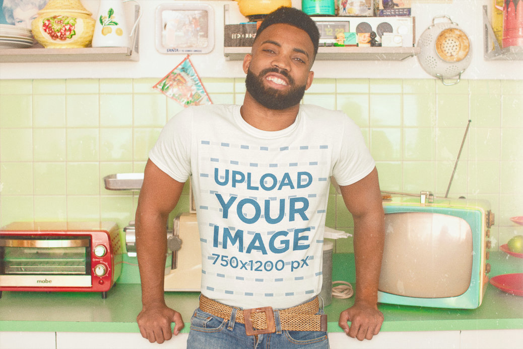 T-Shirt Mockup of a Smiling Man by a Retro TV