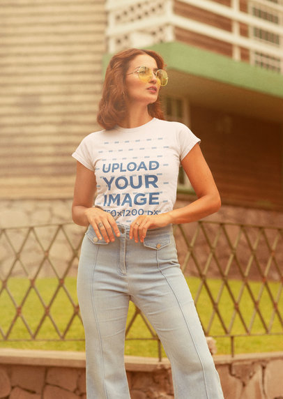 T-Shirt Mockup Featuring a Woman Wearing Retro-Styled Garments 
