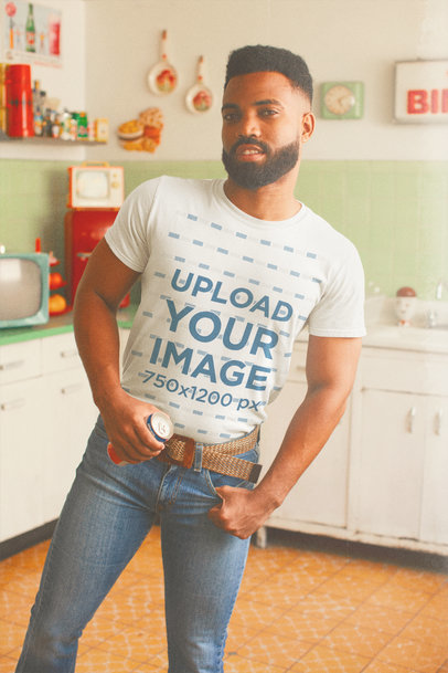 T-Shirt Mockup of a Bearded Man in a Retro Kitchen M10523