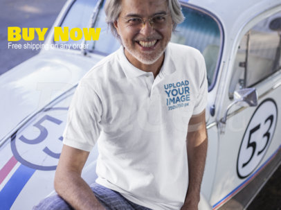 Facebook Ad - Happy Senior Man Wearing a Polo Shirt Near a Vintage Car