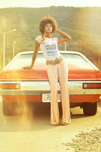 T-Shirt Mockup of a Woman Posing With a Car in the '70s