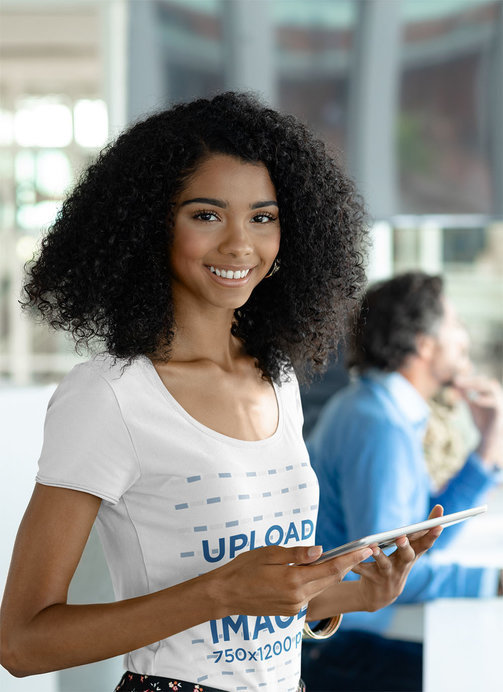 Scoop-Neck T-Shirt Mockup of a Young Woman at Work