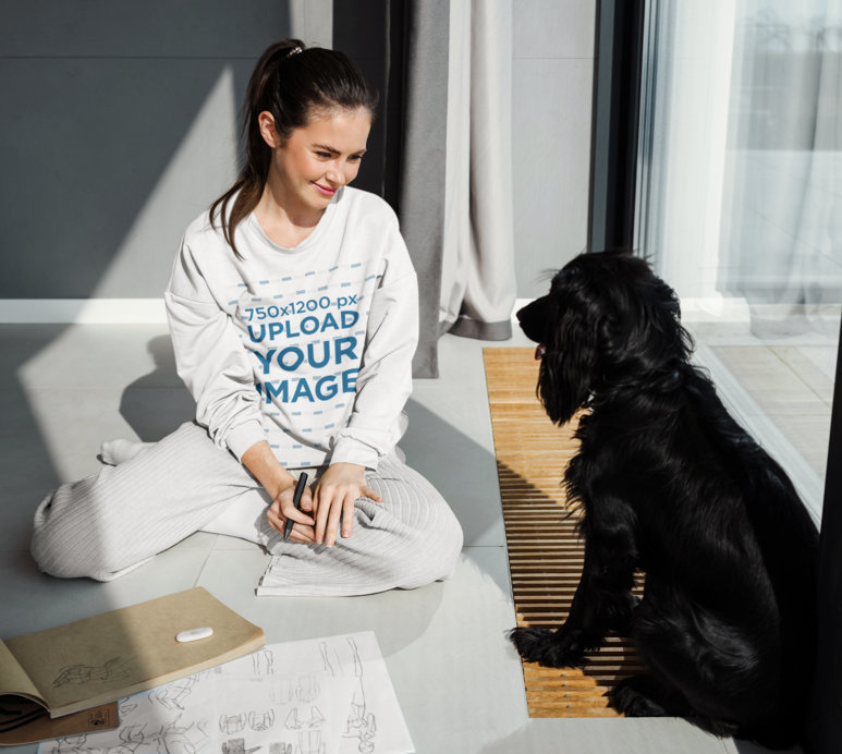 Crewneck Sweatshirt Mockup of a Woman Looking at Her Dog