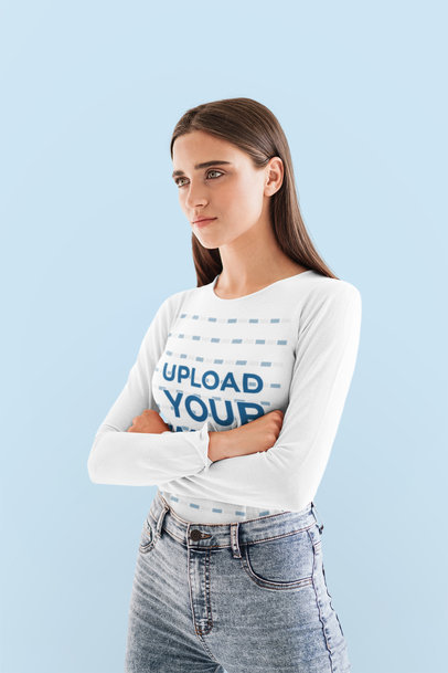 Long Sleeve Tee Mockup of a Serious Woman in a Studio