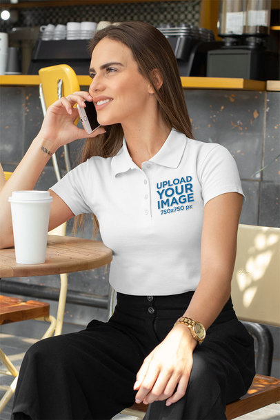 Polo Shirt Mockup of a Woman Talking on the Phone at an Outdoor Restaurant 33544a
