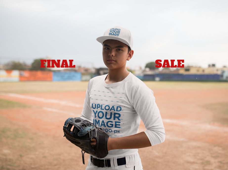 Serious Young Kid with his Glove at the Field Wearing a Dad Hat and a Raglan Tee