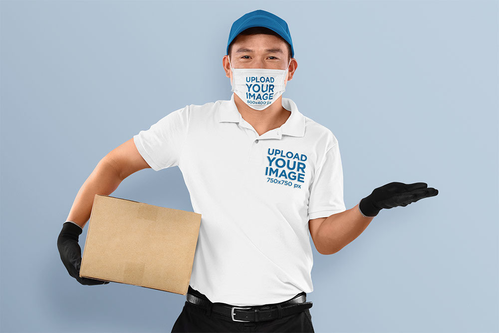 Mockup of a Delivery Man Wearing a Face Mask and a Polo Shirt
