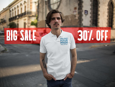 Twitter Ad - White Man Wearing Polo Shirt in the City a15378