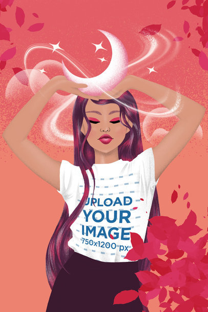 T-Shirt Mockup Featuring an Illustrated Woman Holding a Moon