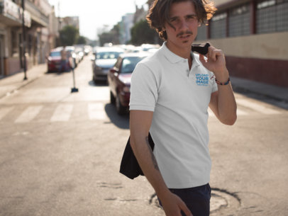 Facebook Ad - Young Man with Moustache Walking Wearing a Polo Shirt Mockup