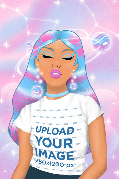 Illustrated T-Shirt Mockup Featuring a Woman With Colorful Hair
