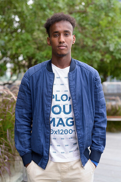 T-Shirt Mockup of a Serious Man Wearing a Light Jacket m10085-r-el2