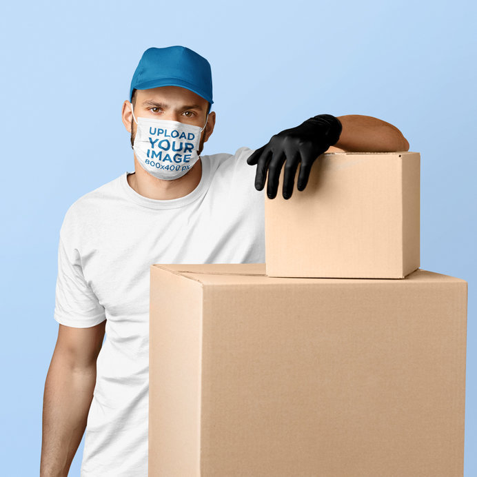 Face Mask Mockup of a Worker Leaning on Some Boxes