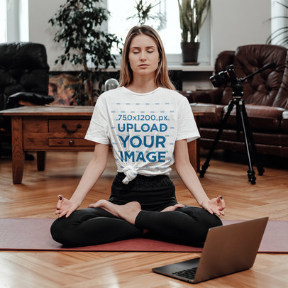 Knotted Tee Mockup of a Woman Doing Yoga in Her Living Room
