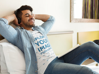 T-Shirt Mockup of a Man Chilling Listening to Music 46082-r-el2