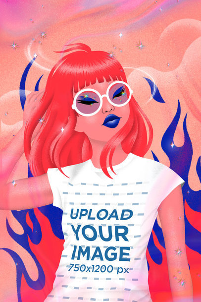 Illustrated T-Shirt Mockup Featuring a Woman and Flame Graphics