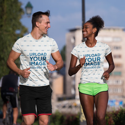 Sublimated T-Shirt Mockup Featuring a Smiling Couple Jogging