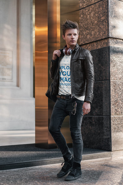 T-Shirt Mockup of a Man Wearing a Leather Jacket and Headphones Around His Neck 5288 el1