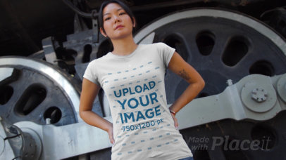 T-Shirt Video Maker Featuring a Young Woman Posing by an Old Locomotive