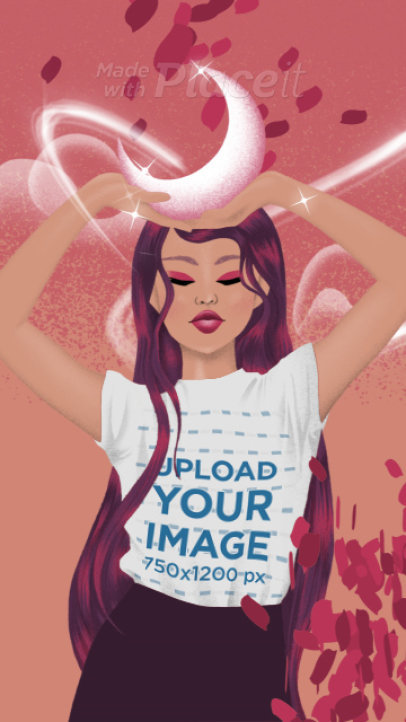 T-Shirt Video Featuring an Illustrated Woman Holding a Moon and an Animated Background