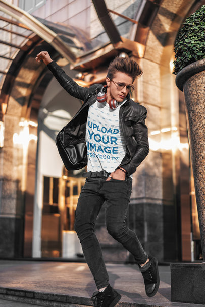 Tee Mockup of a Stylish Man with Headphones and Sunglasses Making a Dance Move  5289 el1