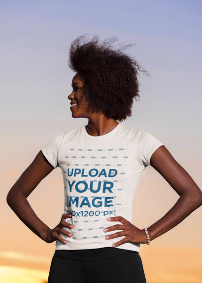 Round-Neck T-Shirt Mockup of a Woman with Curly Hair