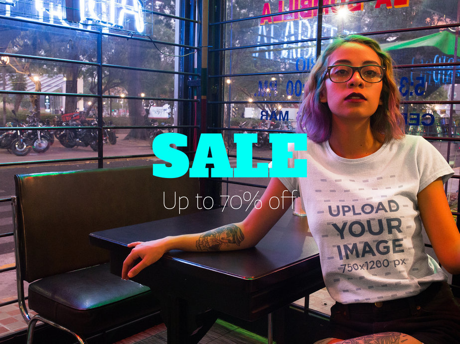 Facebook Ad - Hispanic Trendy Woman Wearing a T-Shirt Inside a Restaurant